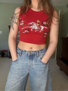 Kimchi Blue Urban Outfitters Red Printed Horse & Floral Crop Tank